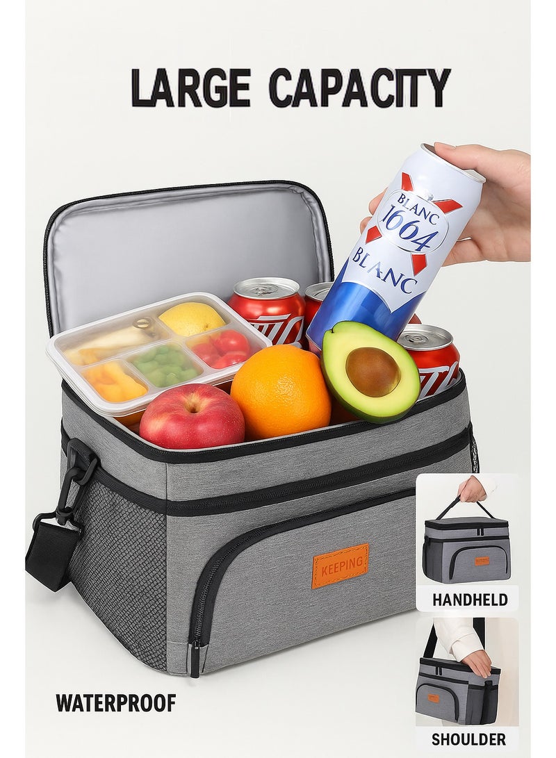 Large Capacity Outdoor Portable Cooler Bag, Insulated Picnic Lunch Bag（Gray 29×22×23cm）  - Image 1