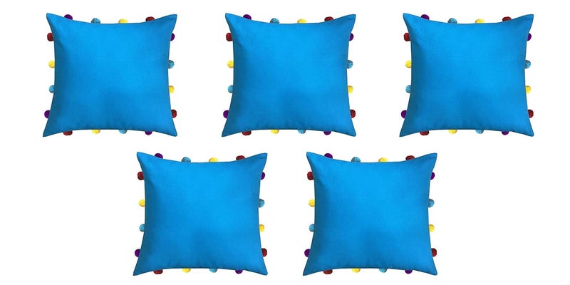 Lushomes Cushion Cover 14x14 Boho Cushion Covers Sofa Pillow Cover Cushion Covers with Tassels Cushion Cover with pom pom 14x14 Inches Set of 5 Blue - Image 1