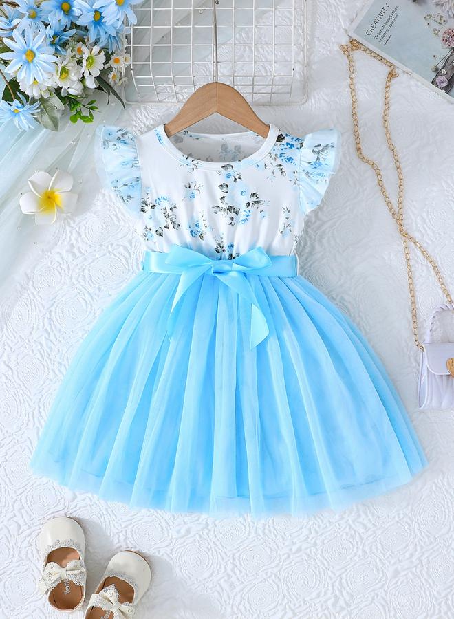 Take Two Floral Print Mesh Insert Dress with Bow Detail - Image 1