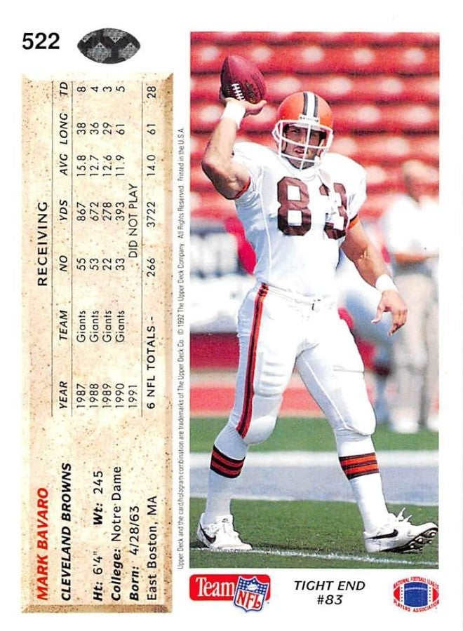 Upper Deck 1992 Upper Deck #522 Mark Bavaro Cleveland Browns NFL Football Card NM-MT - Image 2