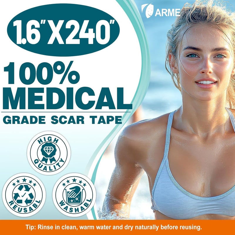 Arme Silicone Scar Tape 16 x 240 Silicone Scar Sheets2 Rolls6M Medical Grade Scar Tape Removal Sheets for Surgical Scars Reusable Scar Removal Strips for Tummy Tuck CSection Keloid - Image 2