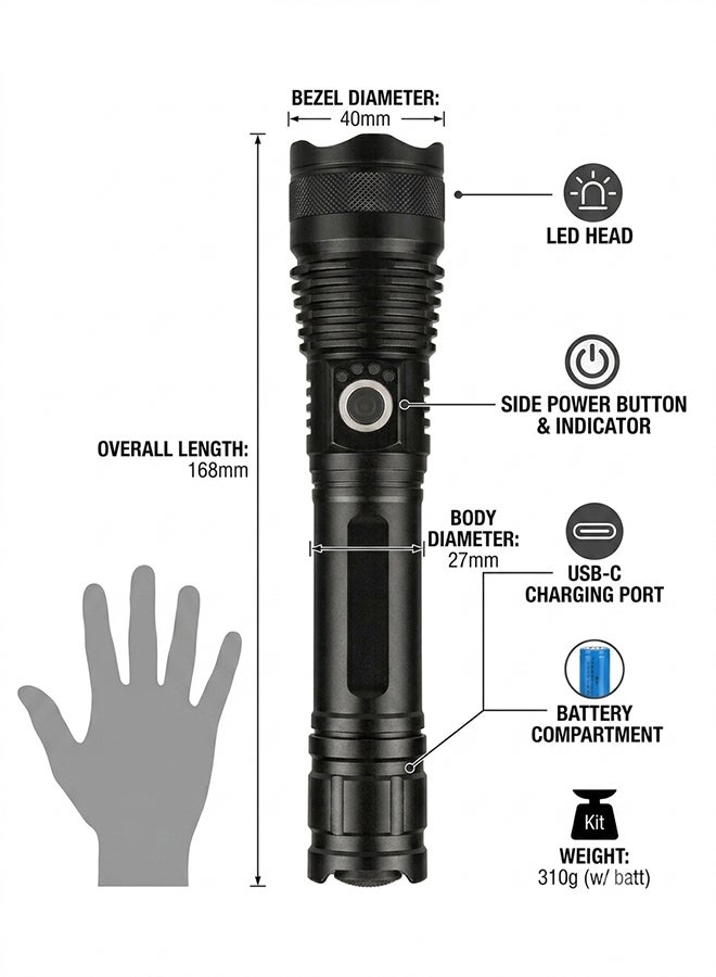 Home Care Tactical LED Flashlight, Aluminum Body with Zoomable High Power LED | Rechargeable 18650 Battery with USB-C Charging | Waterproof & Shockproof | Includes Holster, Lanyard & Carry Case | Ideal for Camping, Emergency & Outdoor Use - Image 5