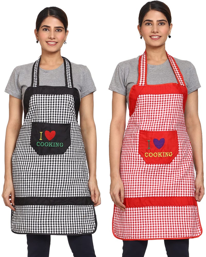 JMi Cotton Checkered Fabric Waterproof Apron with Long Ties and Multipurpose Front Large pocket For Cooking Dusting Home Kitchen Restaurant for Men & Women Unisex. Pack of 2 (Black & Red) - Image 1