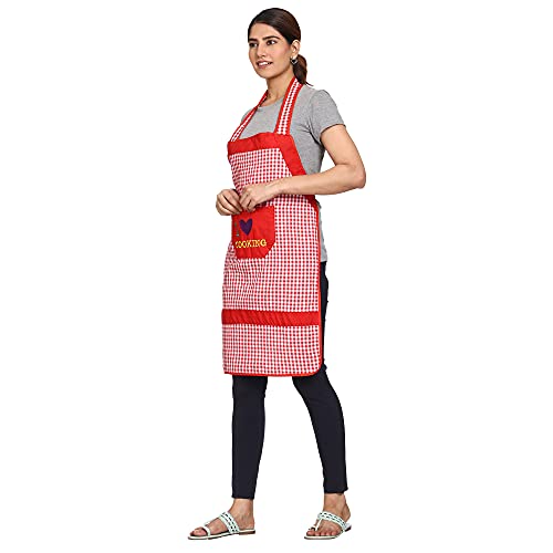 JMi Cotton Checkered Fabric Waterproof Apron with Long Ties and Multipurpose Front Large pocket For Cooking Dusting Home Kitchen Restaurant for Men & Women Unisex. Pack of 2 (Black & Red) - Image 5