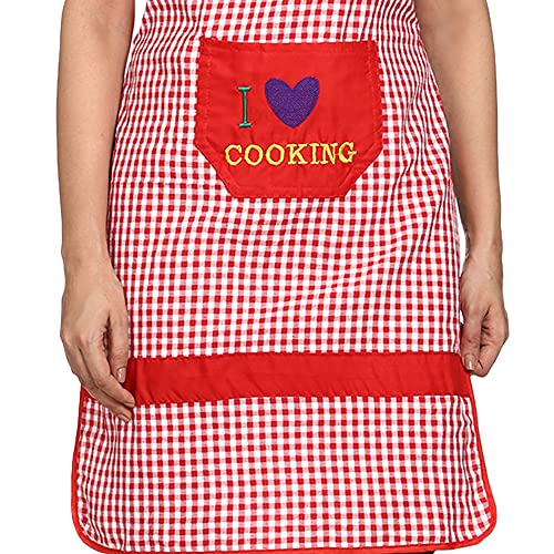 JMi Cotton Checkered Fabric Waterproof Apron with Long Ties and Multipurpose Front Large pocket For Cooking Dusting Home Kitchen Restaurant for Men & Women Unisex. Pack of 2 (Black & Red) - Image 3