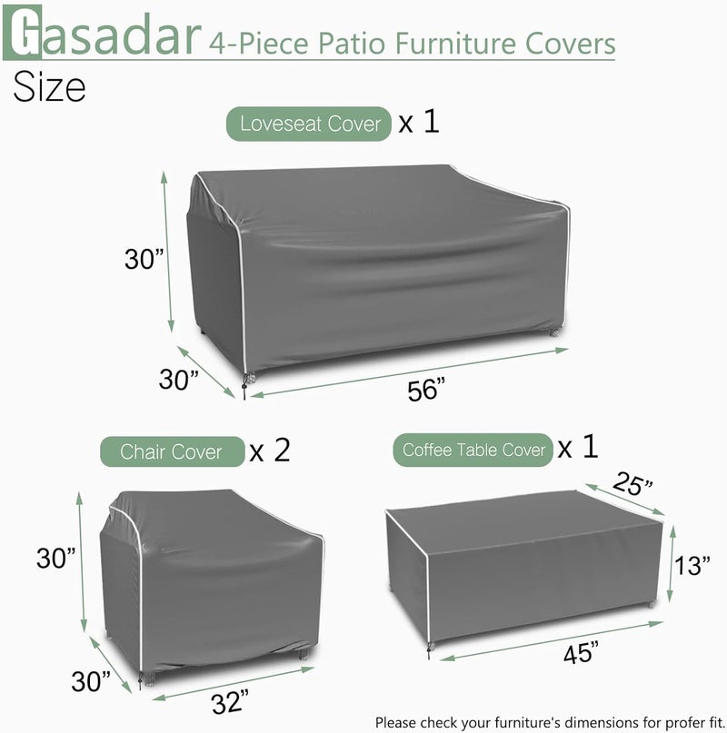 Gasadar أغطية أثاث الحديقة من Gasadar، مقاومة للماء، مكونة من 4 قطع، تغطي مجموعات أثاث الحديقة، أغطية قوية للأثاث الخارجي، أغطية للأرائك الخارجية، تشمل أغطية لـ 2 كرسي وطاولة القهوة - الحجم الكبير (XL) - Image 2