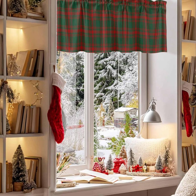 Christmas Curtain Valances Red Green Plaid Valance for Kitchen Windows Vintage Farmhouse Style Rod Pocket Valance Curtains for Living Room Bedroom Small Windows Home Decor 42x12in - Image 3