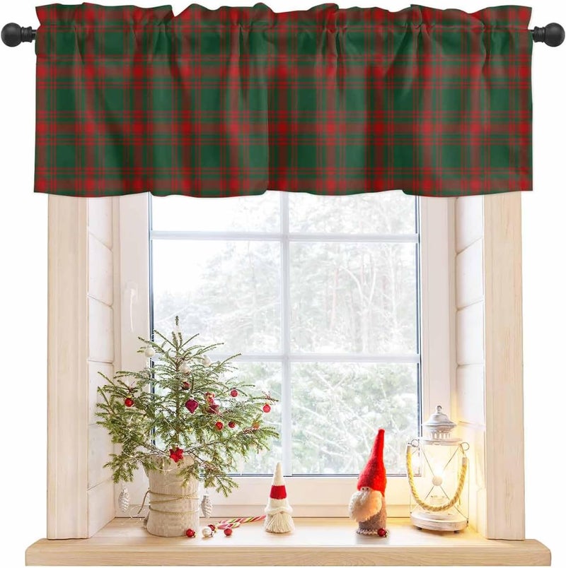 Christmas Curtain Valances Red Green Plaid Valance for Kitchen Windows Vintage Farmhouse Style Rod Pocket Valance Curtains for Living Room Bedroom Small Windows Home Decor 42x12in - Image 1