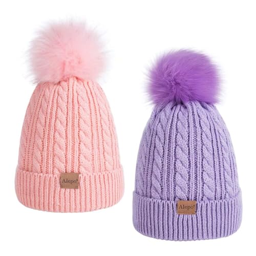 Alepo Kids Winter Beanie Hat, Children's Warm Fleece Lined Knit Thick Ski Cap with Pom Pom for Boys Girls (Pink&Purple) - Image 1