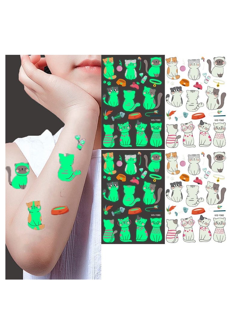 Excefore Glow Temporary Tattoos for Kids Waterproof Luminous Tattoo Sticker Glow Mixed Style Cartoon Tattoo Waterproof, Fake Tattoo Stickers Party Supplies Gifts for Boys and Girls, 10 Sheets (Cat)  - Image 1