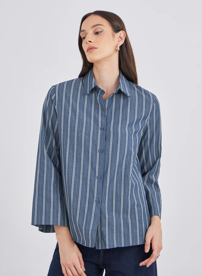 Styli Styli Blue Striped Spread Collar Relaxed Fit Shirt