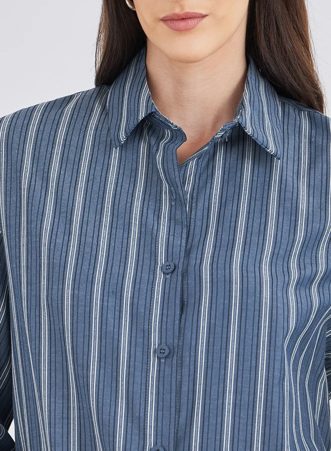 Styli Styli Blue Striped Spread Collar Relaxed Fit Shirt