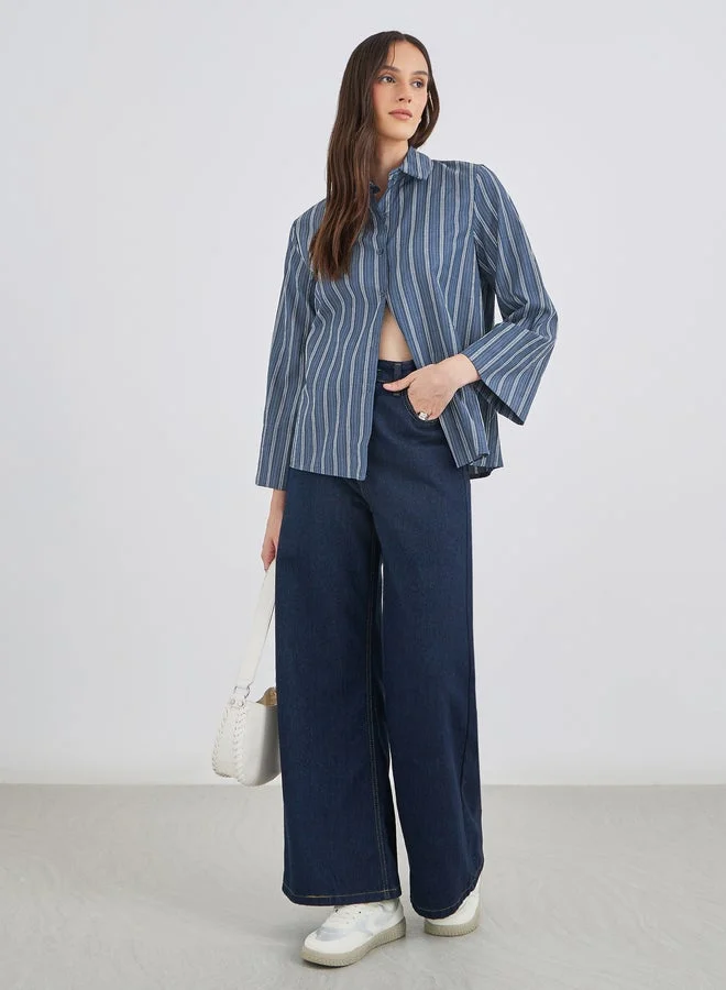 ستايلي قميص ستيلو مخطط أزرق بياقة عريضة وقصة مريحة