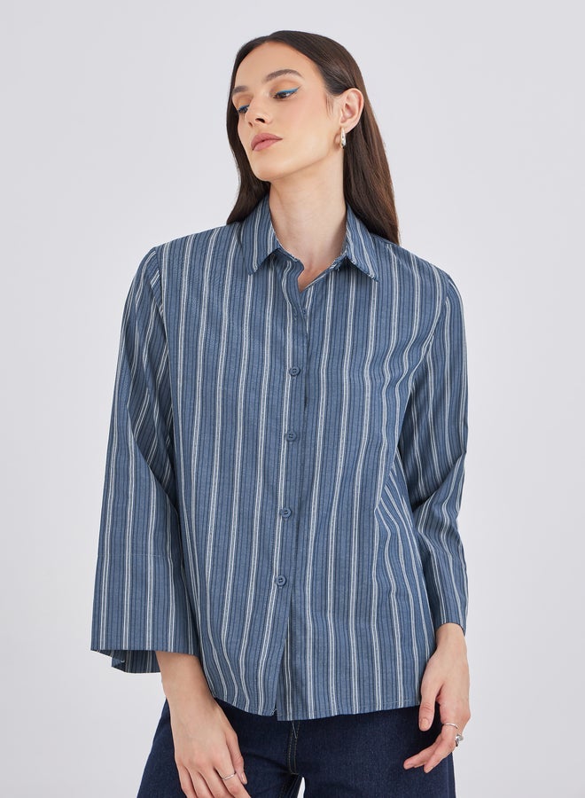 Styli Blue Striped Spread Collar Relaxed Fit Shirt - Image 4