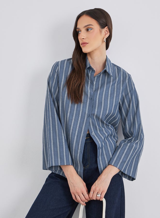 Styli Blue Striped Spread Collar Relaxed Fit Shirt - Image 1