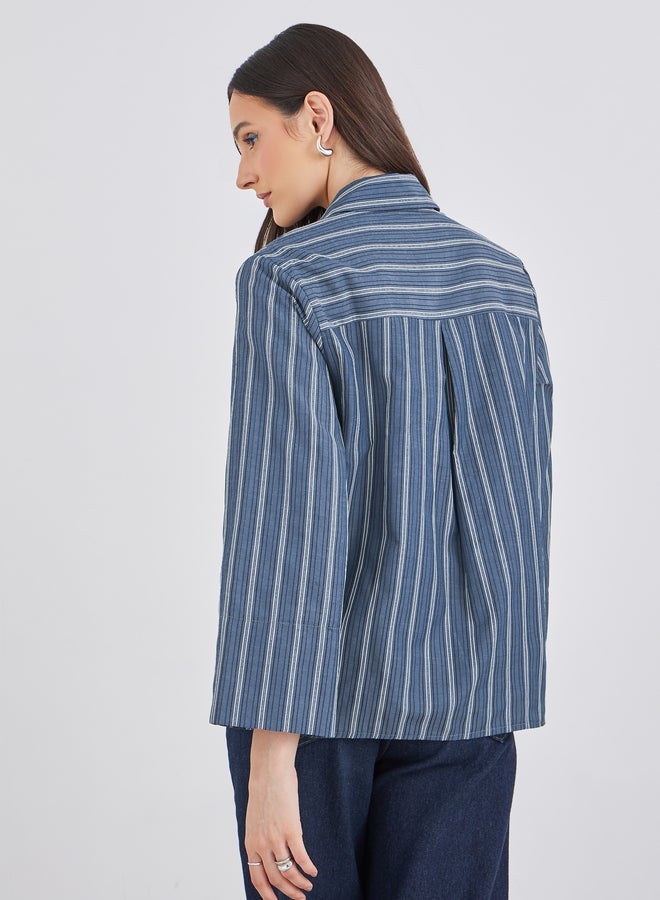Styli Blue Striped Spread Collar Relaxed Fit Shirt - Image 5