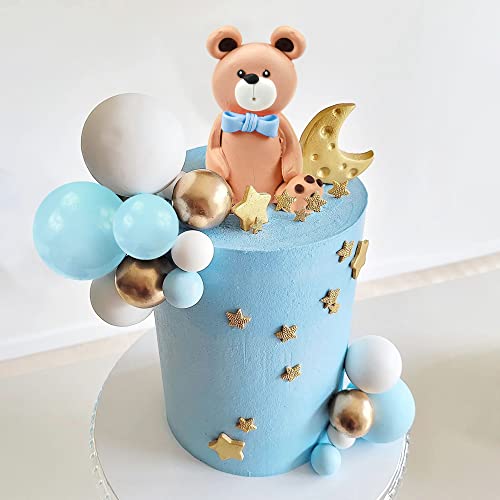 DRWATE Bear Cake Toppers Mini Bear Figurine Cake Decorations with Gold Blue White Pearl Ball for Baby Shower Birthday Party Teddy Bear Theme Party Supplies (Blue) - Image 4