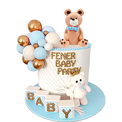 DRWATE Bear Cake Toppers Mini Bear Figurine Cake Decorations with Gold Blue White Pearl Ball for Baby Shower Birthday Party Teddy Bear Theme Party Supplies (Blue) - Image 1