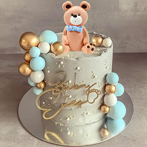 DRWATE Bear Cake Toppers Mini Bear Figurine Cake Decorations with Gold Blue White Pearl Ball for Baby Shower Birthday Party Teddy Bear Theme Party Supplies (Blue) - Image 5