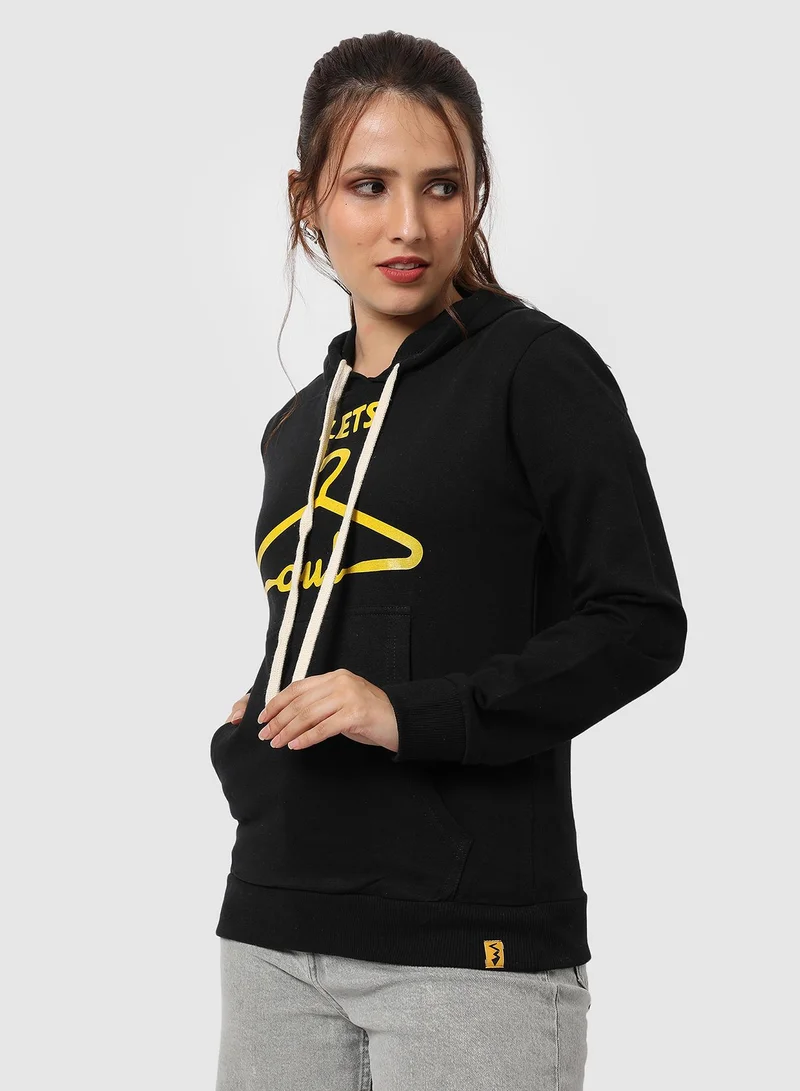 Campus Sutra Women's Onyx Black Let's-Hang-Out Print Pullover Hoodie