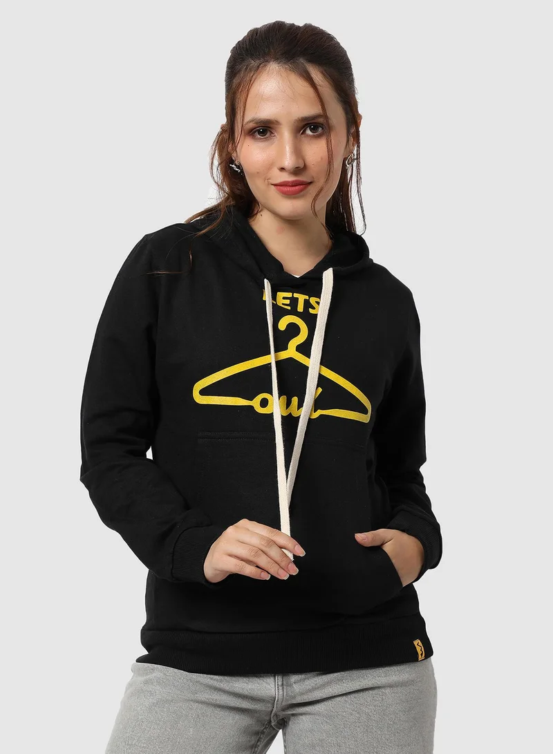 Campus Sutra Women's Onyx Black Let's-Hang-Out Print Pullover Hoodie