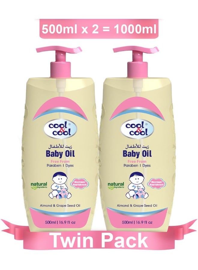 Cool & Cool زيت الأطفال كول وكول - 500 مل (عبوة من 2) - خالي من البارابين، غني بفيتامين E وزيت بذور العنب لترطيب لطيف - Image 1