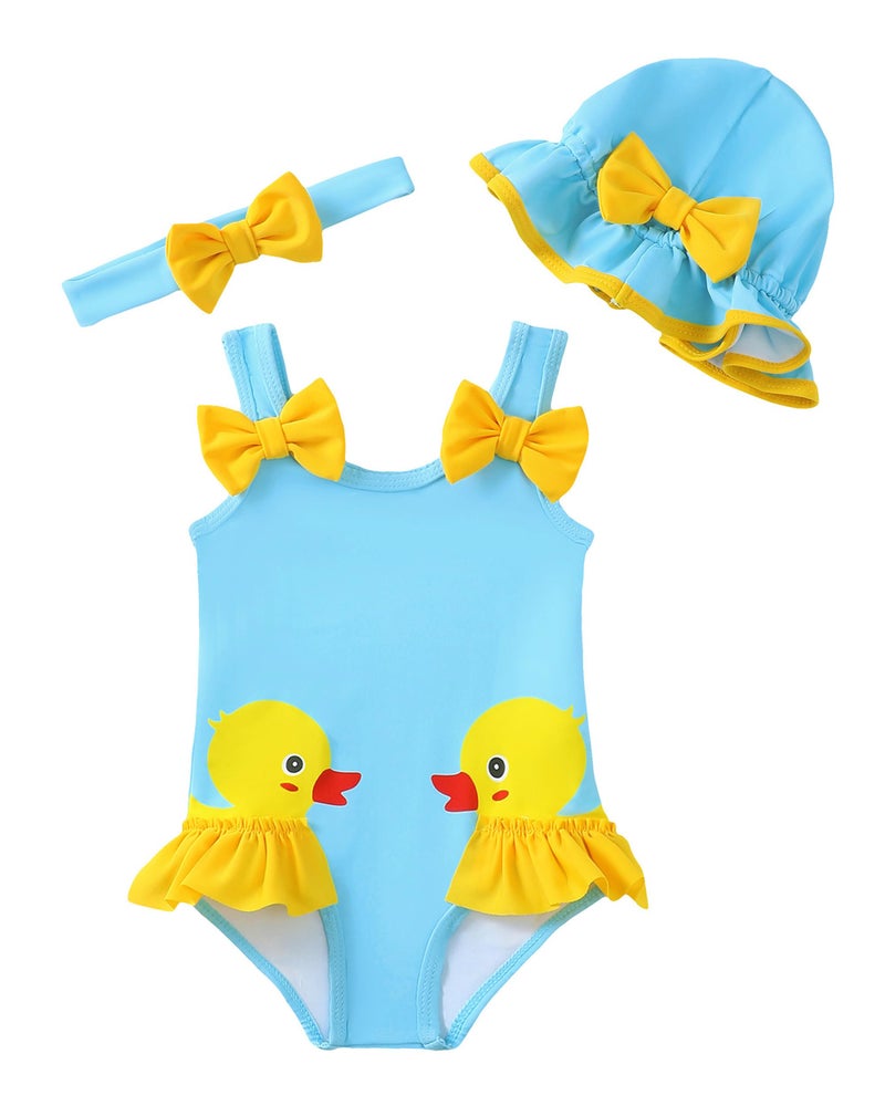 SODLON Baby Girl Swimsuit 3-6 Months Infant One-Piece Bathing Suit Cute Ruffle Newborn Cartoon Swimwear with Hat & Headband Summer Tankini Bikini Baby Beach Essentials Blue Duck - Image 1