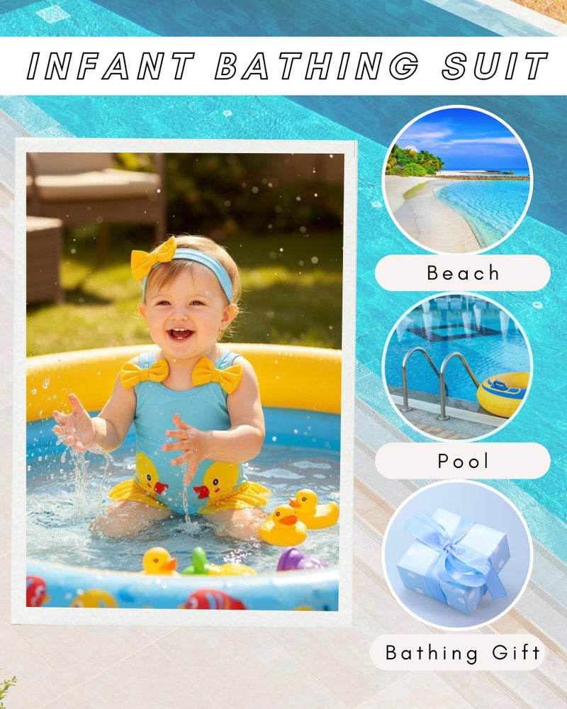 SODLON Baby Girl Swimsuit 3-6 Months Infant One-Piece Bathing Suit Cute Ruffle Newborn Cartoon Swimwear with Hat & Headband Summer Tankini Bikini Baby Beach Essentials Blue Duck - Image 4