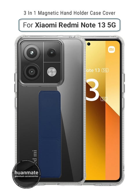 Xiaomi Redmi Note 13 5G Magnetic Case With Hand Grip Holder & Kickstand - Strong Grip for Magnetic Car Holder, Stylish & Functional, Ultimate Convenience & Hands-Free Viewing - Clear/Navy Blue