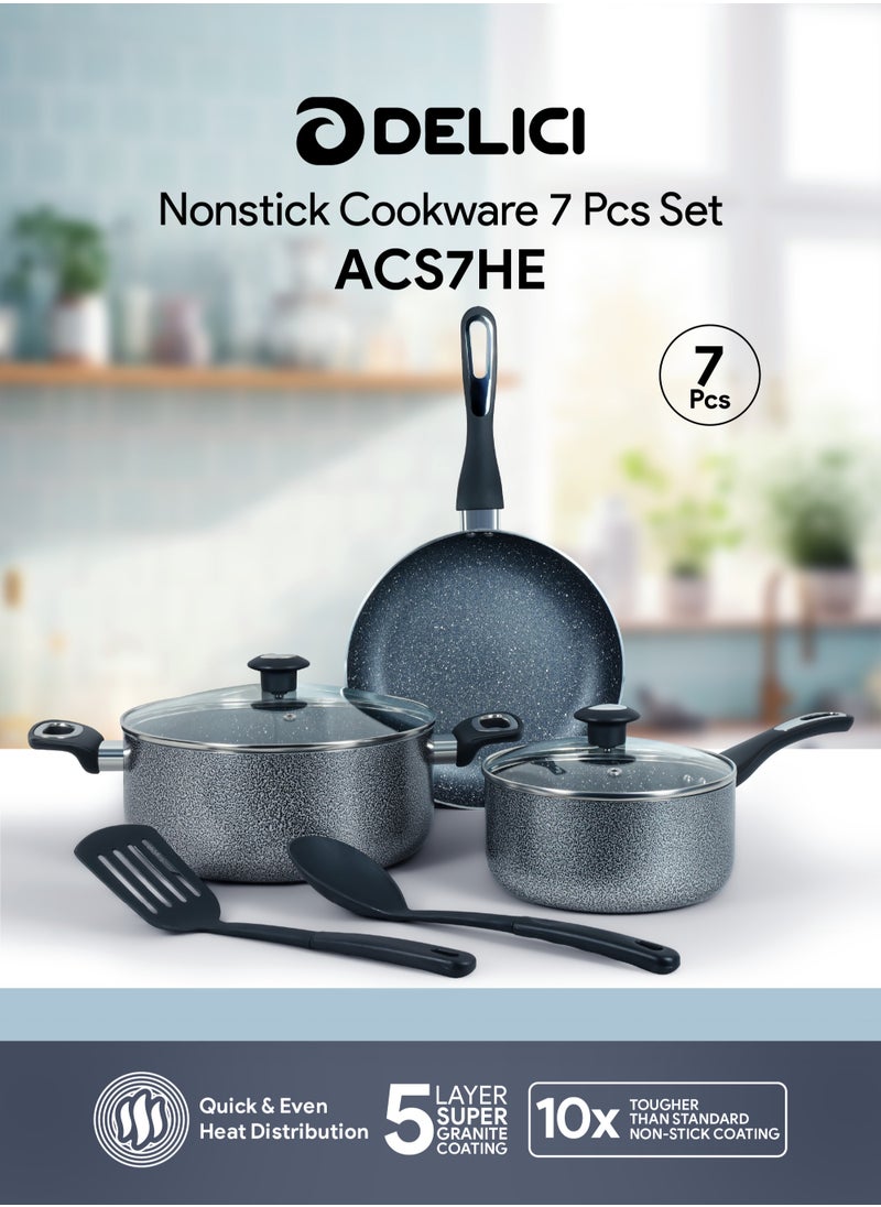 DELICI 7-Piece Cookware Set Aluminum - Non-Stick Surface -Tempered Glass Lids-Casserole With Lid- Milk Pan With Lid- Frying Pan -2pcs Nylon Spatula-PFOA Free -(ACS7HE)  - Image 1