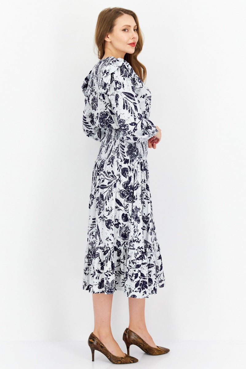 Aqua فستان ميدي مطبوع بالكامل للنساء، مجموعة بحرية - Image 2