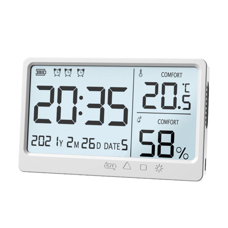 LCD Electronic Temperature Humidity Meter: White, Large Display, Indoor Outdoor Temp Humid Monitoring - Celsius Fahrenheit Conversion, Alarm Clock for Home Use, Elderly Users - Image 1