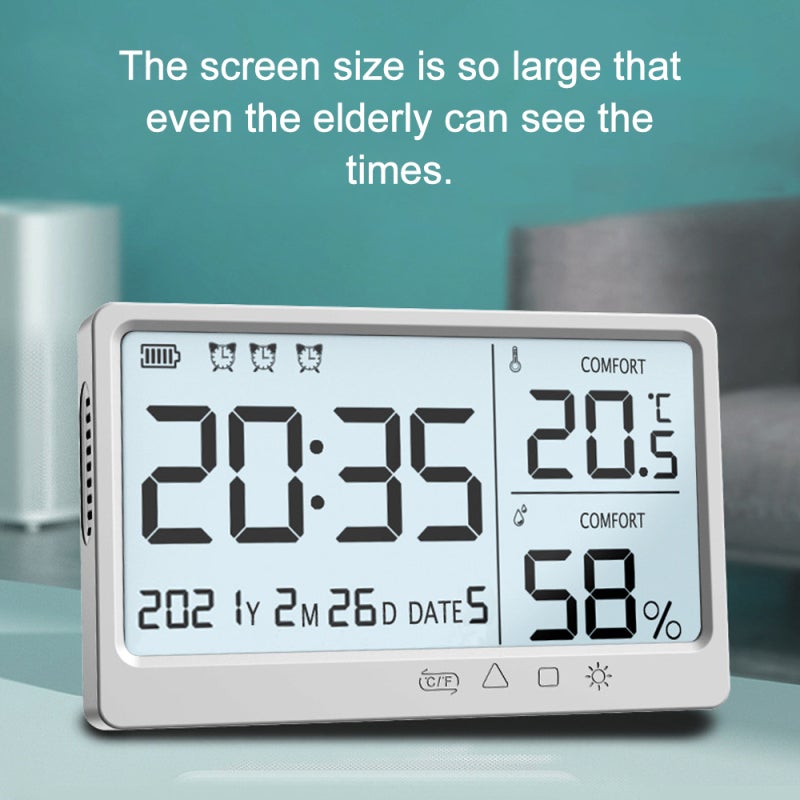 LCD Electronic Temperature Humidity Meter: White, Large Display, Indoor Outdoor Temp Humid Monitoring - Celsius Fahrenheit Conversion, Alarm Clock for Home Use, Elderly Users - Image 2