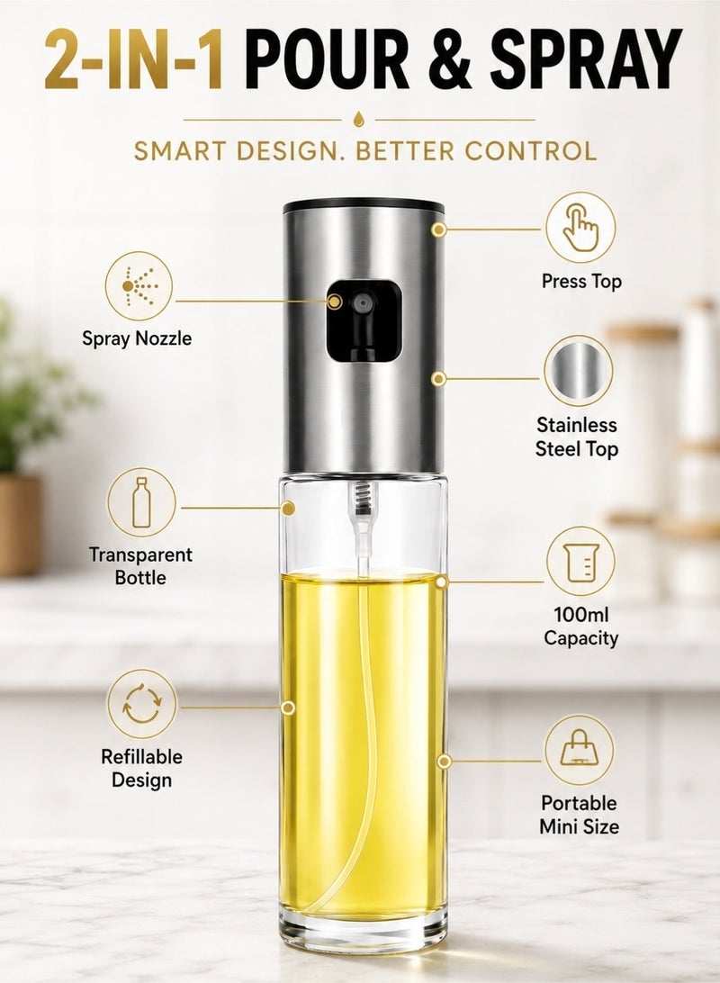 Leoxol 100ml Olive Oil Sprayer For Cooking | Stainless Steel Glass Oil Mister Spray Bottle | Refillable Oil Dispenser For Air Fryer Salad BBQ Baking Grilling - Image 2