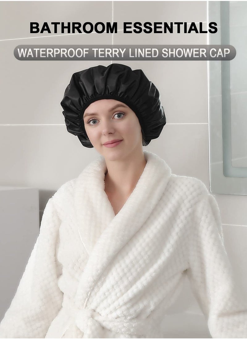 RTYY Terry Lined Shower Caps, Triple Layer Large Shower Cap for Women, Reusable Shower Caps for Long Thick Hair, Waterproof Washable Soft Bath Shower Caps for Hair Care  - Image 4