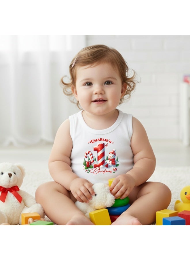 PRINTSHOP4ME Personalized Christmas Baby Romper – Sleeveless 100% Cotton Soft Bodysuit for Boys & Girls | Custom Your Name | Comfortable Unisex Holiday Outfit Gift - Image 2