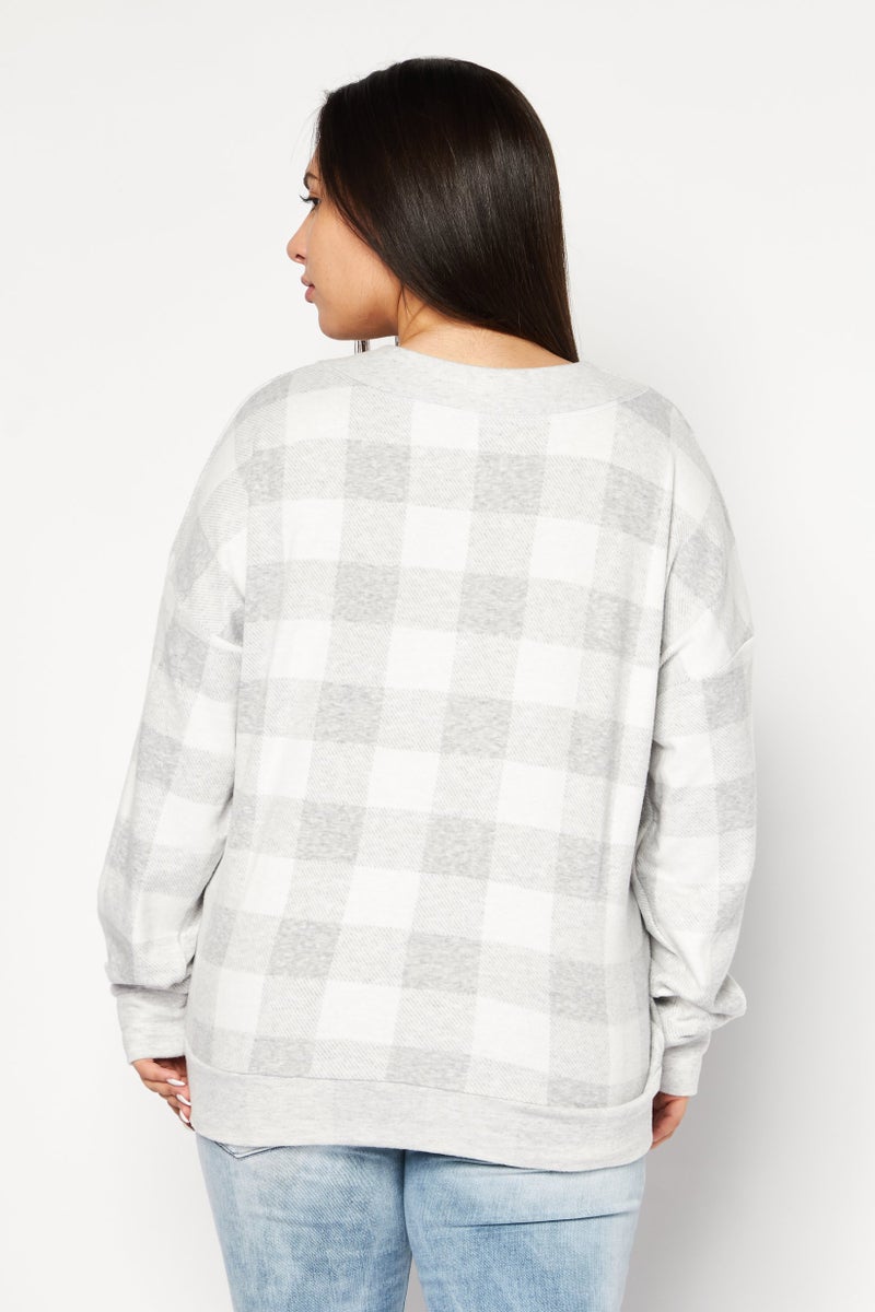 Felina Women V-Neck Checkered Sweatshirt, Grey - Image 3