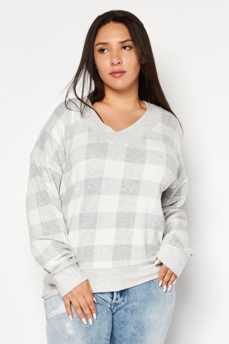 Felina Women V-Neck Checkered Sweatshirt, Grey - Image 1