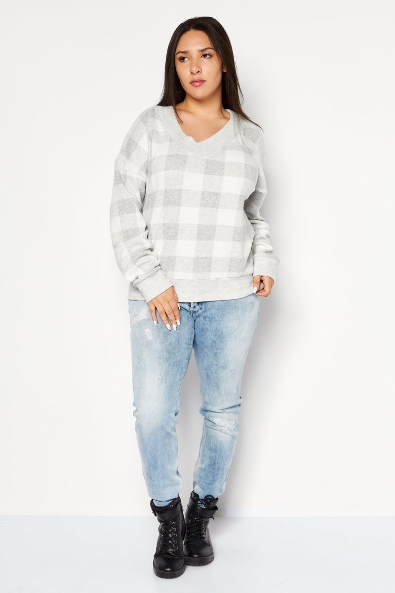 Felina Women V-Neck Checkered Sweatshirt, Grey - Image 2