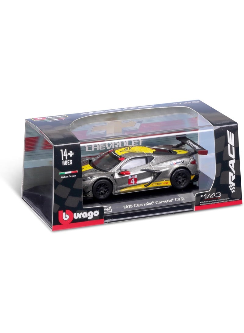 BBURAGO - 2020 Chevrolet Corvette  C8R 1:43 Scale 18-38312 | Grey Yellow Die-Cast Model Car, 1:43 Scale RACE Collection, Official Licensed Racing Replica, Display Collectible Vehicle, Recommended 14+ - Image 3