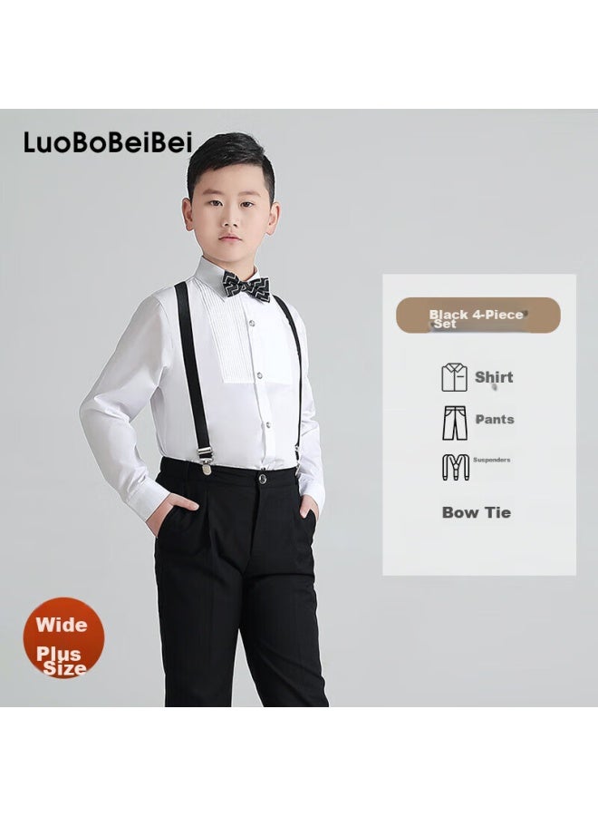 Luobobeibei Plus Size Boys' Formal Suit Set Spring Style For Older Children, Enlarged Shirt And Suspender Pants, Black Four-piece Set, Size 130 - Image 1