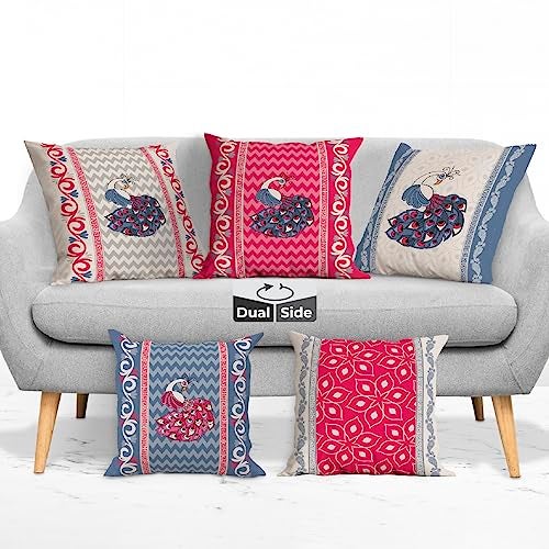 Brizberry® Designer Decorative Ethnic Pink Red Polycotton Throw Pillow Cushion Covers, Double Side Printing, Set of 5 (16 inch x 16 inch) (Design 29) - Image 1