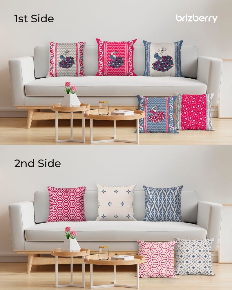 Brizberry® Designer Decorative Ethnic Pink Red Polycotton Throw Pillow Cushion Covers, Double Side Printing, Set of 5 (16 inch x 16 inch) (Design 29) - Image 3