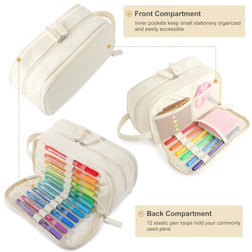 Nuozme 3 Compartment Pencil Case,Large Capacity School Supplies Pencil bag with Easy Handle, Soft Corduroy Pencil Pouch, Aesthetic Supply Pen Case Bag Organizer For Teen Girls College (Green) - Image 3