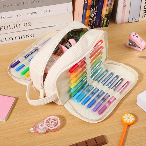 Nuozme 3 Compartment Pencil Case,Large Capacity School Supplies Pencil bag with Easy Handle, Soft Corduroy Pencil Pouch, Aesthetic Supply Pen Case Bag Organizer For Teen Girls College (Green) - Image 2