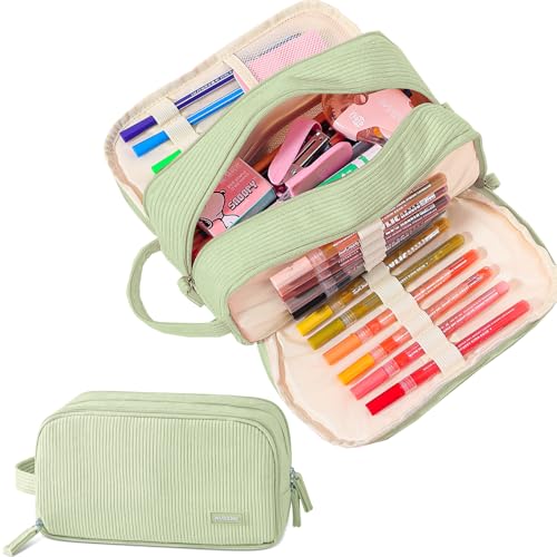 Nuozme 3 Compartment Pencil Case,Large Capacity School Supplies Pencil bag with Easy Handle, Soft Corduroy Pencil Pouch, Aesthetic Supply Pen Case Bag Organizer For Teen Girls College (Green) - Image 1