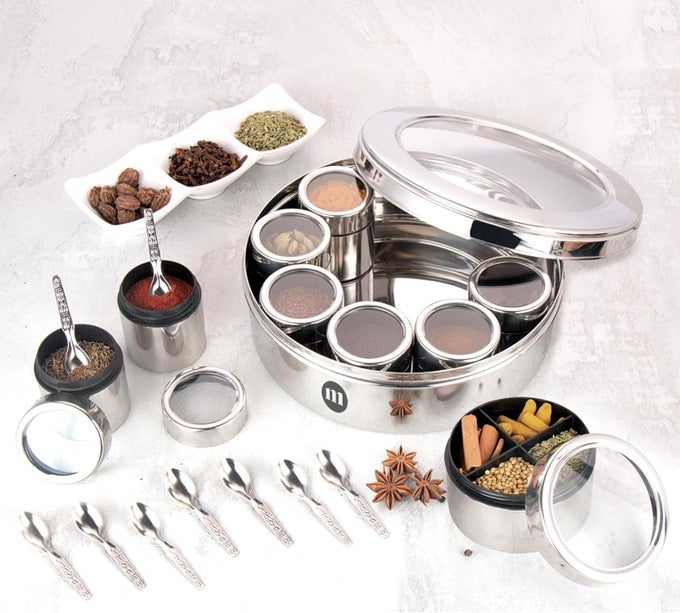 EXTRA LARGE 12 IN 1 SPICE BOX FOR KITCHEN WITH THREADED LIDS | MASALA BOX FOR KITCHEN STEEL | MASALA CONTAINER FOR KITCHEN SEE THROUGH LID (SIZE 14 EXTRA LARGE 24.5CMS) SILVER