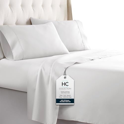 HC COLLECTION Bed Sheets Set Twin with 1 Pillowcase Hotel Luxury Brushed Microfiber Sheet wDeep Pocket Fade Resistant Ultra Soft Breathable Lightweight 3 Pcs Bedding Solid Color White