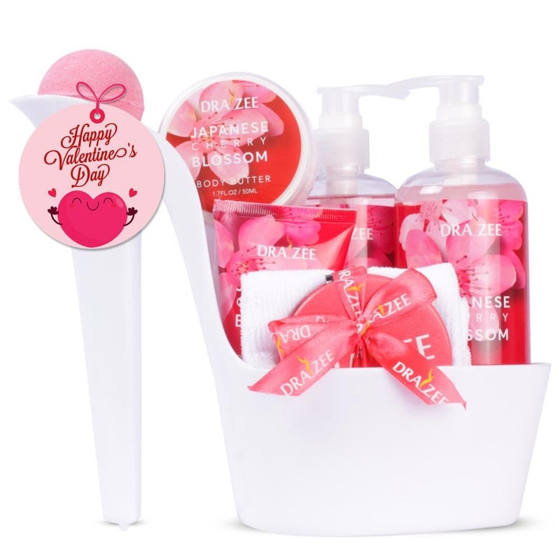 draizee Spa Gift Basket For Women  Luxury Cherry Blossom Scented Bath and Body Set of 8Pcs Heel Shoe Spa Basket with Body Lotion Butter Shower Gel Bubble Bath  More  Gift for Her Mom by Draizee