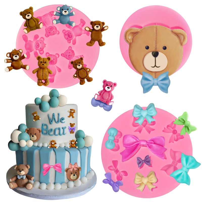 Roxjaejae 3 Pcs Bear Silicone Mold Fondant Bear Mold Candy Cake Bow Chocolate Molds for Cake Decoration, DIY Desserts, Cupcake, Fondant, Clay, Gum Paste - Image 1